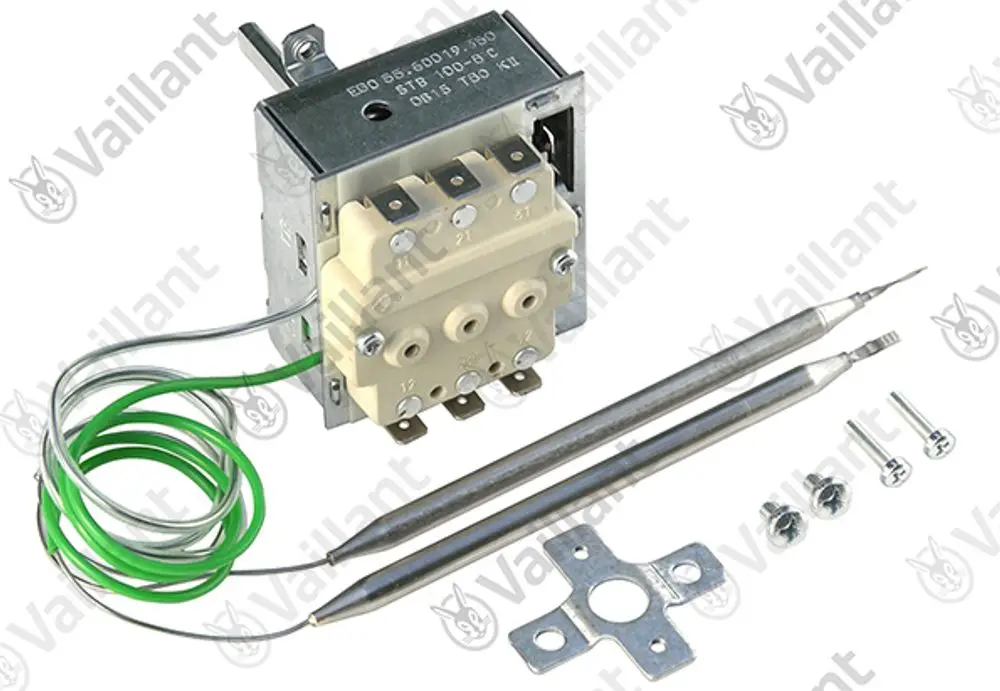Vaillant Sicherheitstemperaturbegrenzer mit zwei Temperaturfühlern, einem Montageblech und mehreren Schrauben, montiert in einem Metallgehäuse.